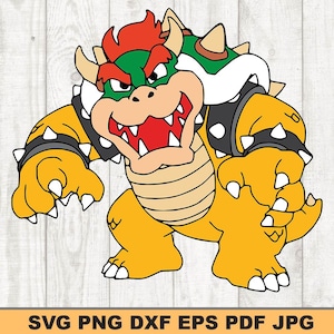 Può includere: Un'illustrazione di un cartone animato del personaggio di Bowser, verde, rosso e giallo, della serie di videogiochi Super Mario Bros. Bowser indossa un'armatura nera con punte e ha un'espressione minacciosa.