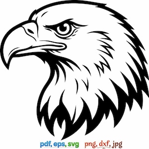May include: A black and white illustration of an eagle's head in profile. The eagle has a sharp beak, intense eye, and detailed feathering. The image includes the file type options: pdf, eps, svg, png, dxf, and jpg.