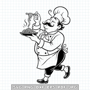 May include: Black and white illustration of a chef holding a plate of spaghetti and a fork with spaghetti on it. The chef is wearing a tall chef's hat, a white uniform, and a large mustache. The image has a grid background.