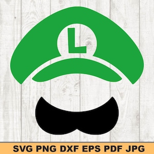 May include: A green and black silhouette of a video game character wearing a hat with a letter L on it. The character has a mustache.