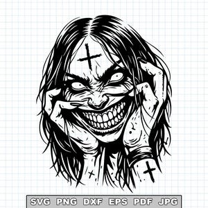 May include: A black and white illustration of a sinister face with a wide, unsettling grin. The figure has long hair, a cross on the forehead, and crosses on the arms. The image has a horror theme.