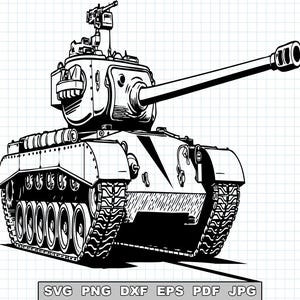 May include: Black and white illustration of a tank with a long barrel and a turret. The tank has detailed treads and a gun on top. The image includes the file type abbreviations: SVG, PNG, DXF, EPS, PDF, JPG.