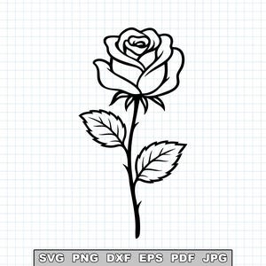 Puede incluir: Una ilustración de arte lineal en blanco y negro de una sola rosa con tallo y dos hojas. La rosa está centrada sobre un fondo de cuadrícula claro. Debajo de la flor, un recuadro rectangular contiene el texto: SVG PNG DXF EPS PDF JPG.