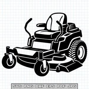 May include: A black and white graphic illustration of a zero-turn lawn mower featuring a high-back seat, two steering levers, a wide cutting deck, and large rear tires. Below the mower, the text reads SVG PNG DXF EPS PDF JPG.