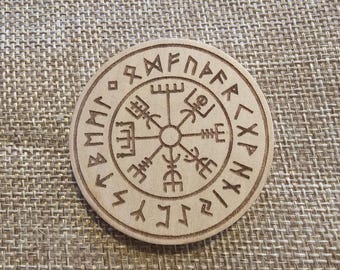 Handmade Viking Vegvisir Compass Wooden Coins - Nordic Altar Decoration - Solid Wood Runes - 4 cm/5 cm Wooden Medallions Natural Wood