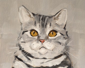Grey cat painting an Original oil portrait by UK artist j Payne
