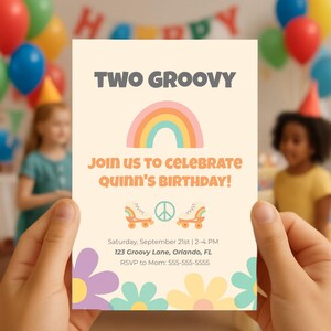 Editable “Two Groovy” Birthday Invitation | Retro Roller Skate Party Invite for Kids | Canva Template | Instant Download | 5x7&quot;