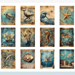 Paquete de papeles digitales de aventuras submarinas: diseños marítimos vintage: 12 archivos PNG de alta resolución