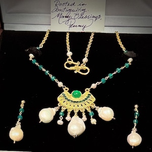 Egyptian Pearl Necklace Set: Chalcedony, 18K Gold, Baroque Pearls