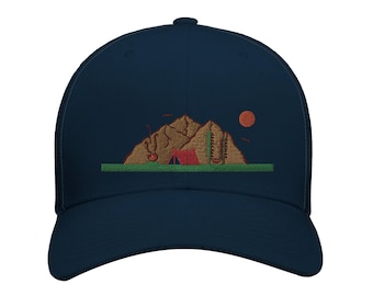 Mountain scenery hat | Campfire embroidery cap | Outdoor adventure gift for the hiker and nature lover