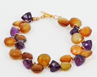 Handmade amethyst and whiskey agate bracelet yellow jewelry purple jewelry