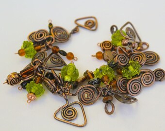 Wire Wrapped Copper Charm Bracelet Green bracelet