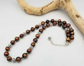 Brown and green freshwater pearl necklace adjustable
