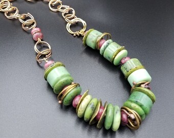 Hand fabricated brass, chain Turquoise and Jasper gemstone green necklace