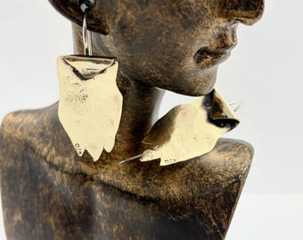 Brass Owl Dangle Earrings, Hammer Textured Argentium Silver Hooks