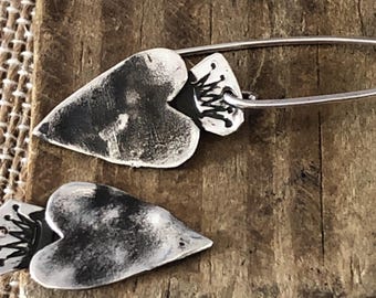 Oxidized Argentium Silver Heart Crown Dangle Earrings