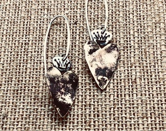 Brass Heart Crown Dangle Earrings, Argentium Silver French Hooks