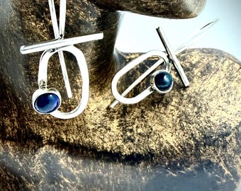 Ethiopian Opal gemstone dangle modern style French hook Argentium silver earrings