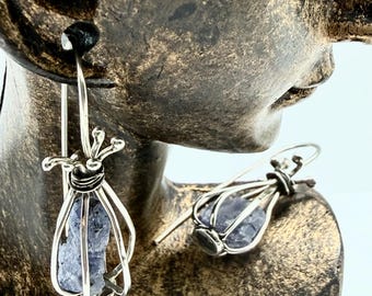 Tanzanite raw gemstone within a silver cage, dangle Argentium silver earrings.