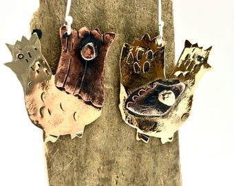 Yard Bird Mismatched Dangle Earrings, mixed metals, Argentium Silver Hooks. Whimsical and sweet
