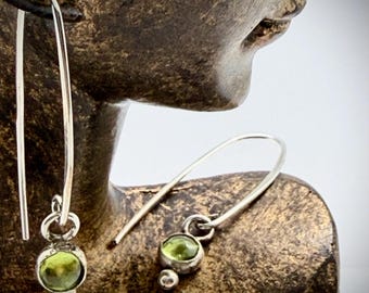 Peridot 5mm round natural gemstone dangle French hook Argentium silver earrings.
