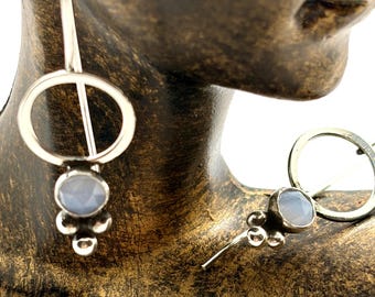 Blue Lace Agate gemstone with trio of granules dangle French hook Argentium silver earrings.