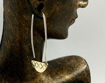 SINGLE Stamped Brass Hoop Dangle Earring with Argentium Silver Ear Wire (1.25" Long)