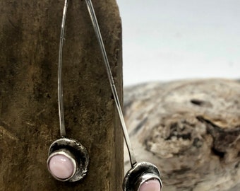 Recycled sterling silver pink opal dangle earrings. Hammered and oxidized detail. Handmade