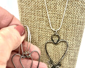 Sterling silver and mixed metals rustic free form heart with asymmetrical hammered recycled silver nuggets earrings. Handmade by Lin Hall