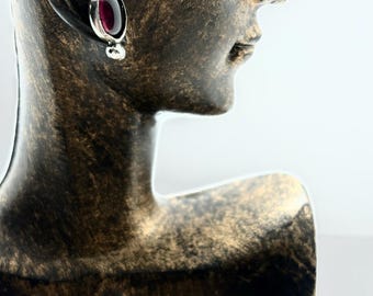 SINGLE earring. Single post with bezel set Garnet gemstone and attached silver granule.