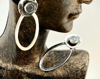 Rainbow moonstone Argentium silver post earrings.