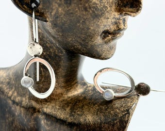 Rainbow moonstone gems dangle French hook Argentium silver earrings with hammered granule.
