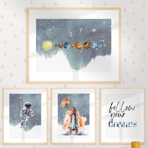 Kinderzimmer 4er Posterset Weltraum Astronaut Rakete Planet neutral blau boho Babyzimmer Wanddeko A4 A3 A2 Geschenk Babyparty Geburt Schule