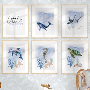 Kinderzimmer Wanddeko 6er Posterset Meerestiere Delfin Blauwal Schildkröte Seepferdchen Rochen blau Babyzimmer A4 A3 Geschenk Jungen Mädchen