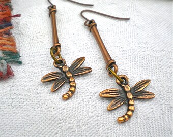 Earrings Copper Dragonfly Antiqued Dangle