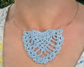 Necklace Blue Lace Crochet Pendant Pineapple Motif