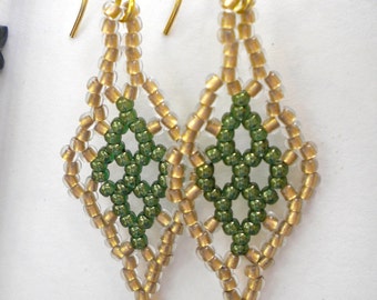 Earrings Green Beaded Zulu Diamond Motif Olive Bronze