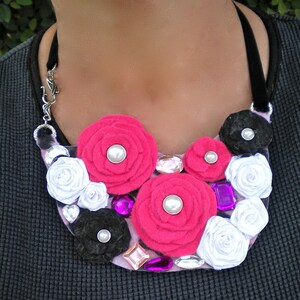 Necklace Bib Pink White Fabric Flowers Ecofriendly