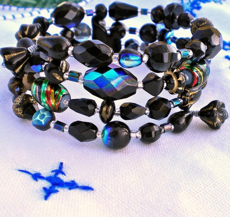 Bracelet Black Beaded Wrap Jet Sparkle image 1