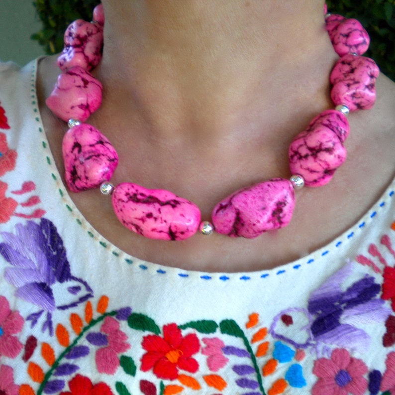 Necklace Pink Dyed Magnesite Nuggets Chunky Bright image 1