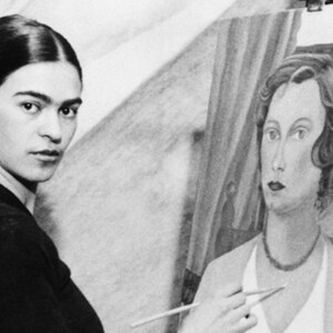 May include: A black and white photo of a woman painting a portrait of another woman. The woman painting is holding a paintbrush in her right hand and is looking at the camera. The woman in the portrait is looking straight ahead. The portrait is of a woman with dark hair and a necklace.