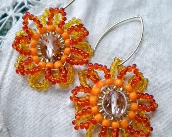 Earrings Orange Flowers Beaded Sunflowers