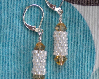 Earrings White Peyote Stitch Tubes Beadwoven with Light Topaz Crystals