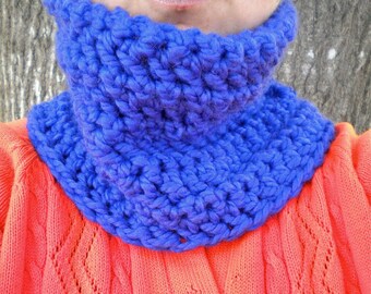 Cowl Neckwarmer Blue Crochet Bulky Lamb's Wool Blend