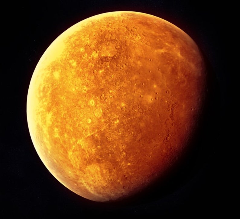 May include: A close-up image of Mars, a red planet with a rocky surface. The planet is illuminated by the sun, casting a warm glow on its surface.