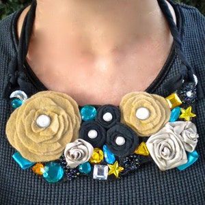 Bib Necklace Yellow Ochre Taupe Fabric Flowers Ecofriendly