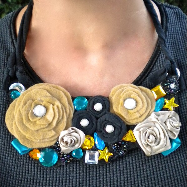 Bib Necklace Yellow Ochre Taupe Fabric Flowers Ecofriendly