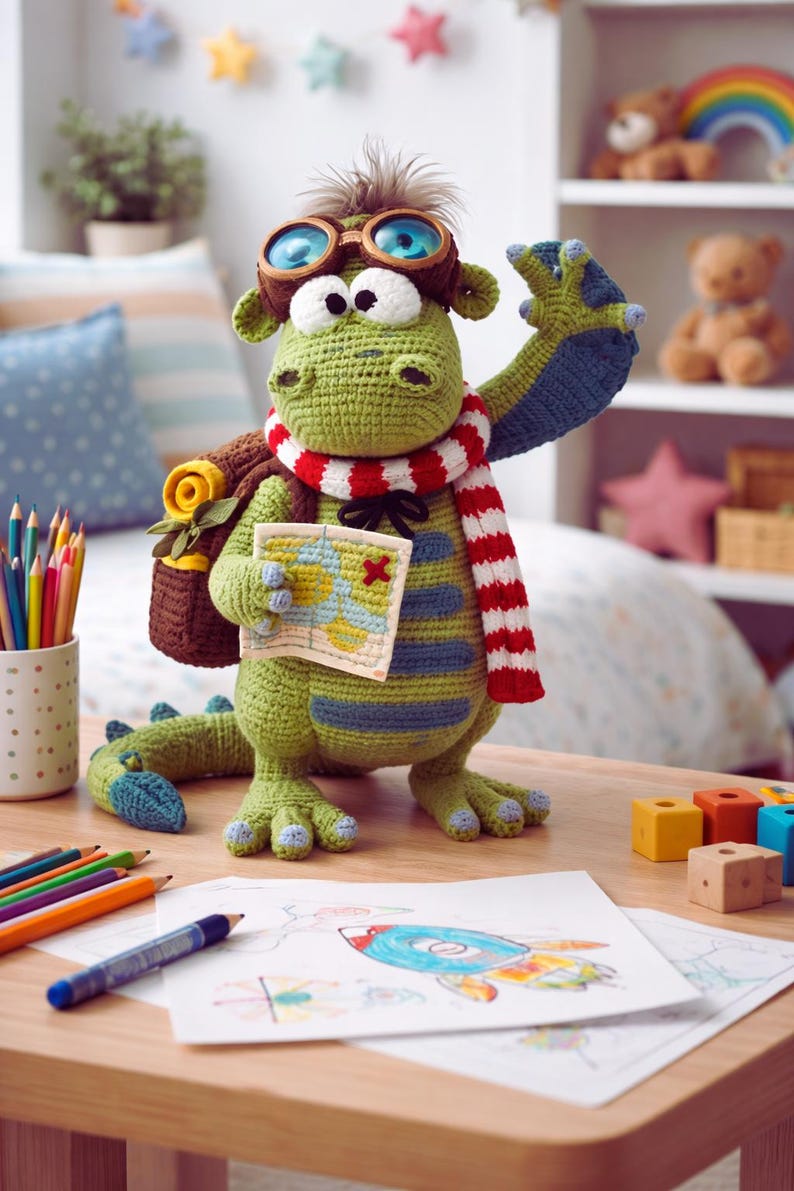 Peut inclure: Un jouet de dragon vert crochet&eacute; portant des lunettes d'aviateur, une &eacute;charpe ray&eacute;e rouge et blanche et un sac &agrave; dos. Le dragon tient une carte et se tient sur une table en bois &agrave; c&ocirc;t&eacute; d'un dessin de fus&eacute;e. Un porte-crayons avec des crayons est &agrave; gauche.