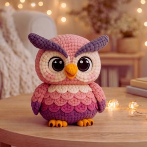 Könnte beinhalten: Eine handgefertigte Häkel-Eule in Rosa-, Lila- und Cremetönen sitzt auf einem Holztisch. Die Eule hat große, ausdrucksstarke Augen und einen gelben Schnabel. Der Hintergrund zeigt ein Wohnzimmer mit Sofa, Tasse und Lichterketten.