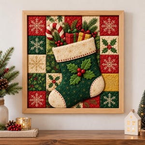 Kinusaiga Kit Christmas Stocking, No Sew Fabric Art DIY Kit with Wooden Frame 20 x 20 cm, Japanese Quilt Art Kit for Adults, Holiday Decor
